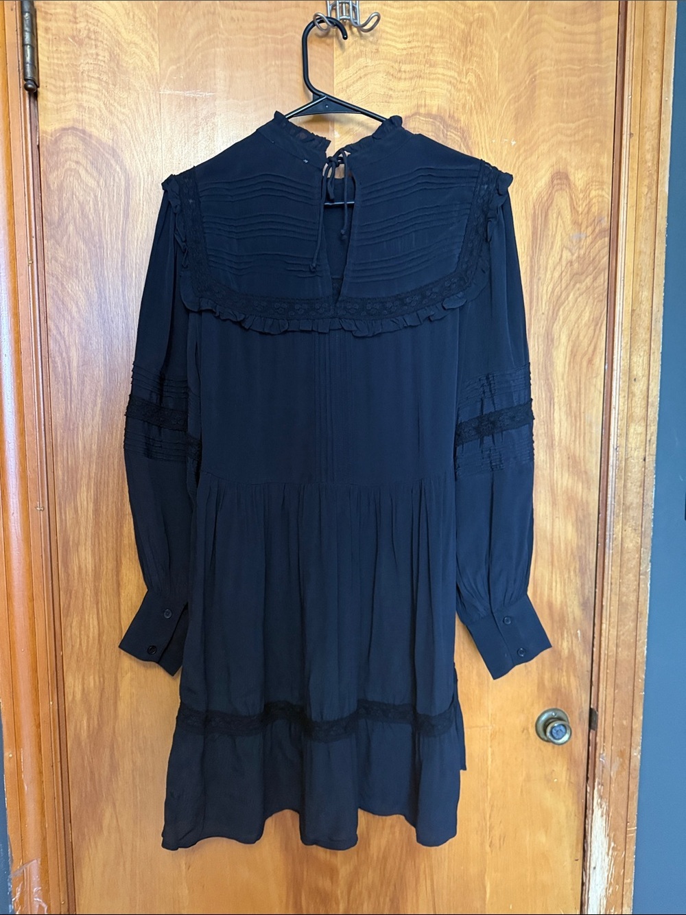 Topshop Black Long-Sleeve Lace Trim Pintuck Dress with zip up side. - Picture 5 of 12